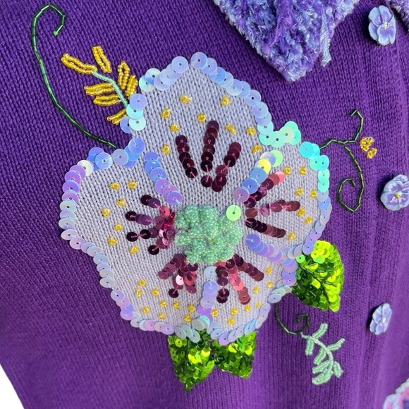 VTG Storybook Knits Purple Passion Embellished Cardigan Colorful Floral Large - Picture 8 of 16